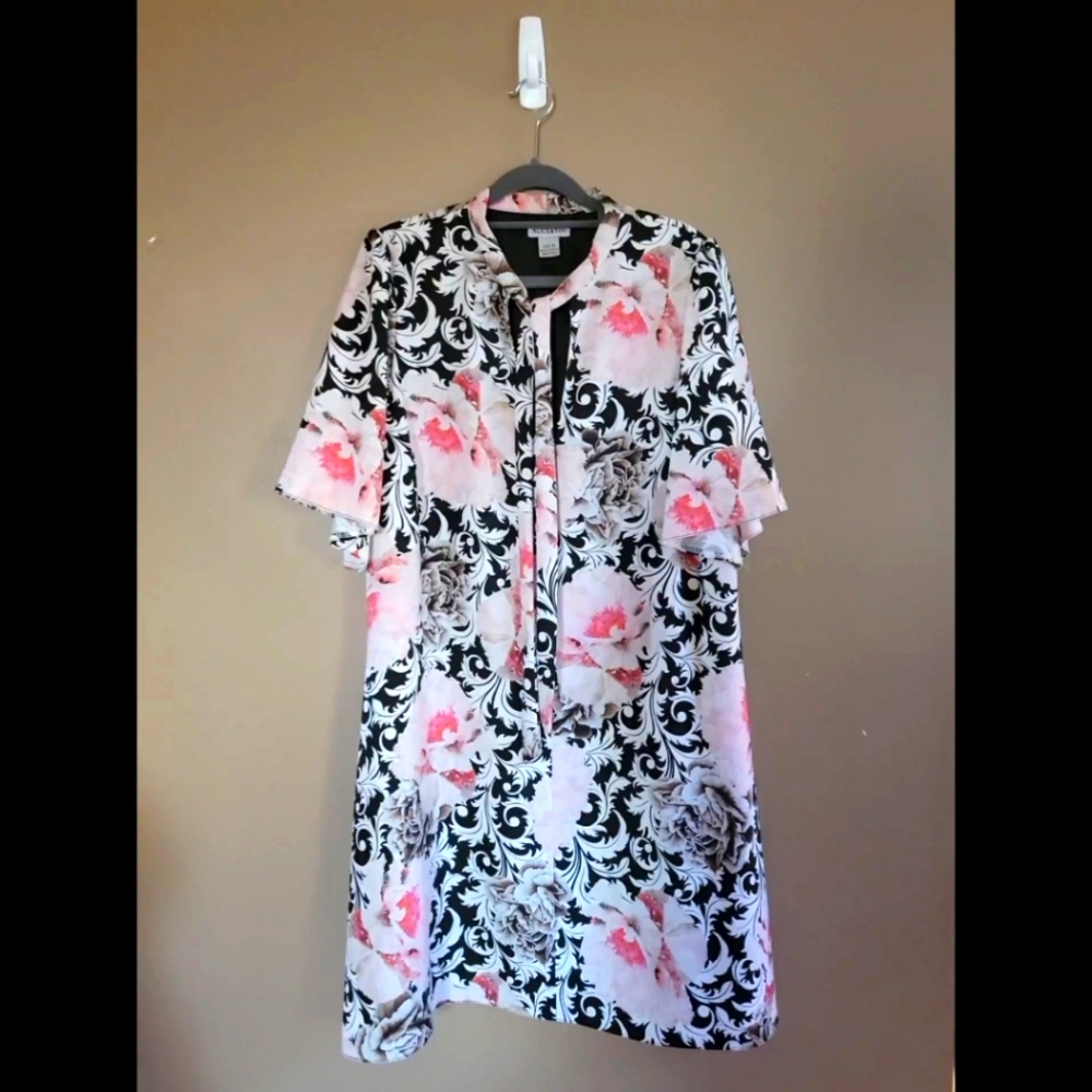 Black & White & Pink Floral A-Line Tie-Neck Dress